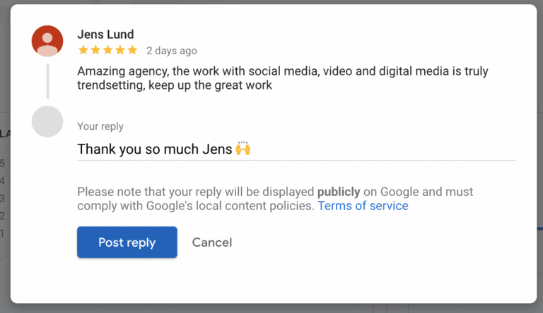 Business owner response to 5 star review
